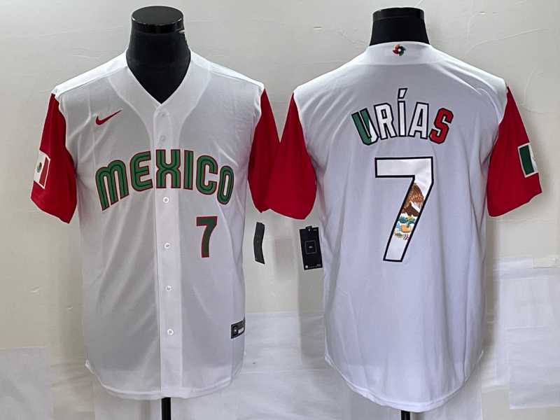 Mens Mexico Baseball #7 Julio Urias Number 2023 White Red World Classic Stitched Jersey8->2023 world baseball classic->MLB Jersey
